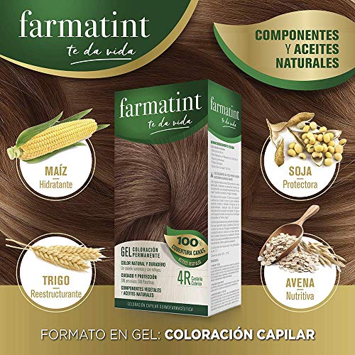 Farmatint Gel 4R Castaño Cobrizo | Color natural y duradero | Componentes vegetales y aceites naturales | Sin amoníaco | Sin Parabenos | Dermatológicamente testado