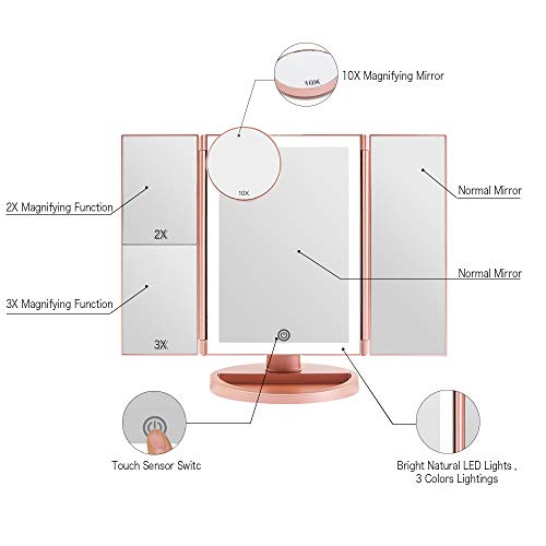 FASCINATE Espejo Maquillaje con Luz 3 Modos Iluminación Colores,72 Leds Tríptica Aumentos 3X, 2X,1x Magnetismo Extraíble Espejo 10X Rotación 180° Espejo de Maquillaje Carga con USB o Batería