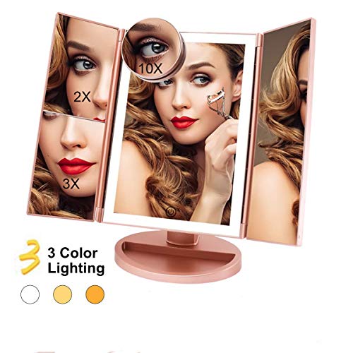 FASCINATE Espejo Maquillaje con Luz 3 Modos Iluminación Colores,72 Leds Tríptica Aumentos 3X, 2X,1x Magnetismo Extraíble Espejo 10X Rotación 180° Espejo de Maquillaje Carga con USB o Batería