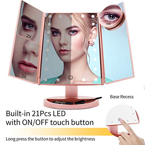 FASCINATE Espejo Maquillaje con Luz, Espejo de Mesa Tríptica Espejo con Aumentos 10x, 3X, 2X, 1x Iluminacíon 21 Led Pantalla táctil Lámparas Rotación de 180° Espejo Cosmético Carga con USB o Batería
