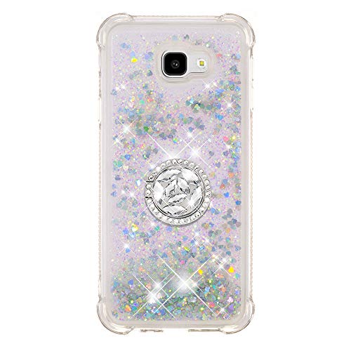 FAWUMAN Funda Samsung Galaxy J4+ / J4 Plus TPU Silicona Purpurina Carcasa,Funda para teléfono móvil de Arena movediza líquida en Forma de corazón con Base de Anillo de Diamantes