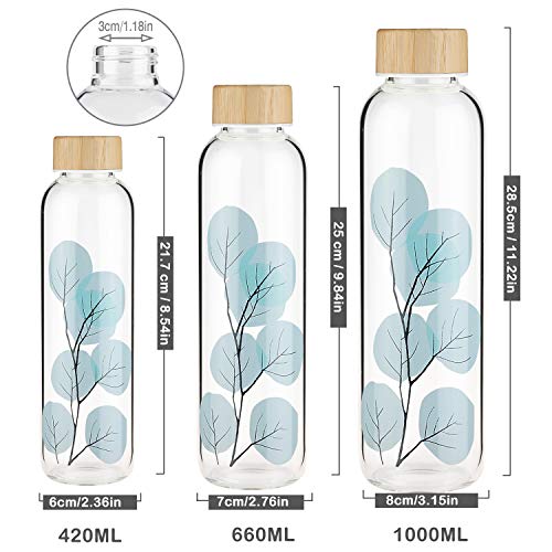 FCSDETAIL Botella de Agua de Cristal sin BPA, Botella de Agua de Vidrio de Borosilicato con Funda de Neopreno y Tapa de Bambú 420ml / 660ml / 1000ml