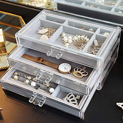 FEILA Joyería Transparente Caja 3 cajones, Maquillaje Organizador del Pendiente Anillos Collares Pulseras Caso de exhibición de Regalo for Las Mujeres, MultifunctionBathroom Almacenamiento