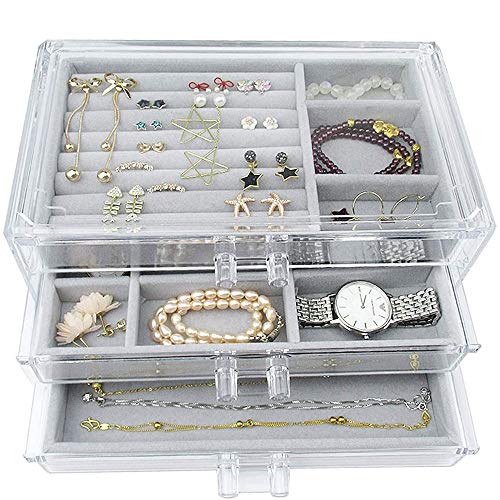 FEILA Joyería Transparente Caja 3 cajones, Maquillaje Organizador del Pendiente Anillos Collares Pulseras Caso de exhibición de Regalo for Las Mujeres, MultifunctionBathroom Almacenamiento