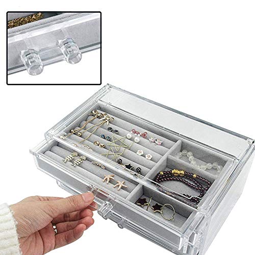 FEILA Joyería Transparente Caja 3 cajones, Maquillaje Organizador del Pendiente Anillos Collares Pulseras Caso de exhibición de Regalo for Las Mujeres, MultifunctionBathroom Almacenamiento