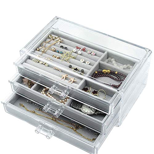 FEILA Joyería Transparente Caja 3 cajones, Maquillaje Organizador del Pendiente Anillos Collares Pulseras Caso de exhibición de Regalo for Las Mujeres, MultifunctionBathroom Almacenamiento