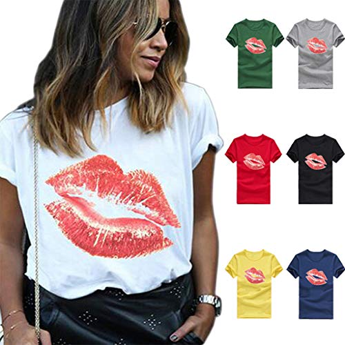 FELZ Camiseta para Mujer, Mujeres Niñas Tallas Grandes Labios Imprimir Camiseta de Manga Corta Blusa Tops