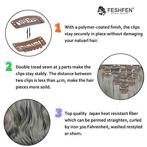 FESHFEN Clip Extensiones de Pelo Natural, 7 Piezas 16 Clips Full de Cabeza de Clip en el Pelo Extensiones de Cabello Clip Rizado 50cm Postizos de Pelo Natural Ondulado
