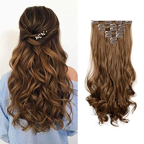 FESHFEN Clip Extensiones de Pelo Natural, 7 Piezas 16 Clips Full de Cabeza de Clip en el Pelo Extensiones de Cabello Clip Rizado 50cm Postizos de Pelo Natural Ondulado