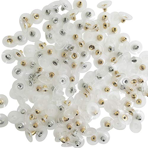 FineGood - Juego de 150 pares de almohadillas de seguridad para pendientes transparentes y de goma, color plateado, dorado, transparente