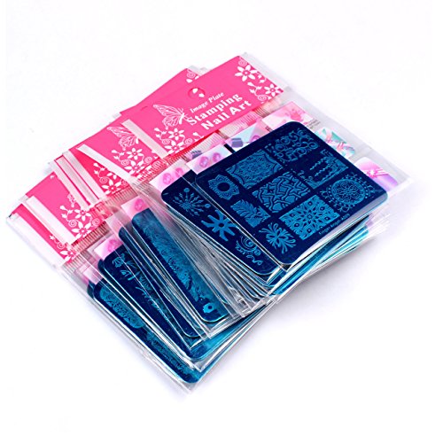 Finger Angel 20 piezas diseño diferente Nail Art Stamping Plates + 1 piezas Square Green Rubber Stamper DIY imagen arte Nail Placas de sello Manicura plantilla Nail Art Tools