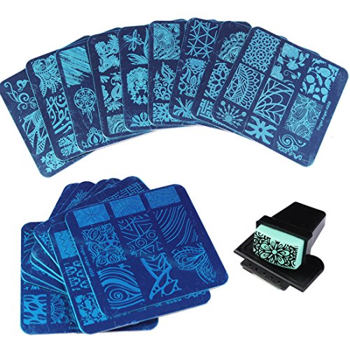 Finger Angel 20 piezas diseño diferente Nail Art Stamping Plates + 1 piezas Square Green Rubber Stamper DIY imagen arte Nail Placas de sello Manicura plantilla Nail Art Tools