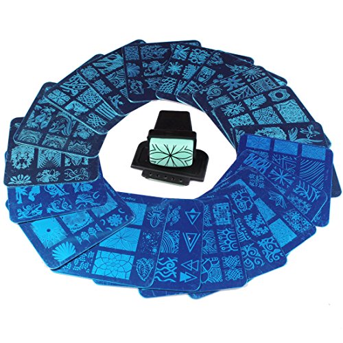 Finger Angel 20 piezas diseño diferente Nail Art Stamping Plates + 1 piezas Square Green Rubber Stamper DIY imagen arte Nail Placas de sello Manicura plantilla Nail Art Tools