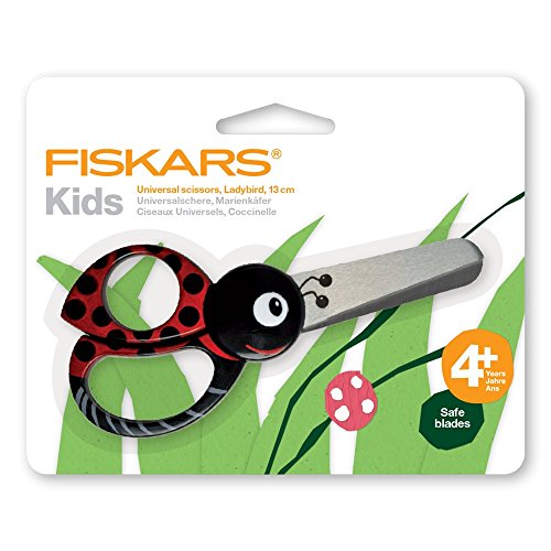 Fiskars Tijeras de animales para niños con motivos de mariquitas, A partir de 4 años, Longitud: 13 cm, para diestros y zurdos, Hoja de acero inoxidable/Mangos de plástico, Rojo, 1004612