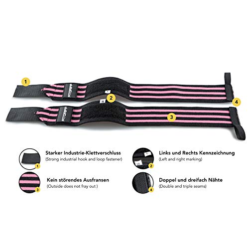 Fitgriff® Muñequeras Gym, Crossfit, Deportivas, Musculación, Gimnasio, Calistenia, Wrist Wraps - Mujeres y Hombres - Black/Pink