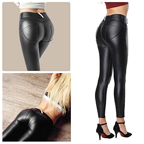 FITTOO Mujeres PU Leggins Cuero Brillante Pantalón Elásticos Pantalones para Mujer Negro S