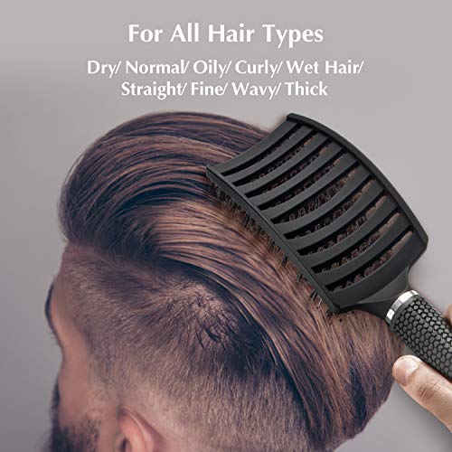 FIXBODY Cepillo de pelo con cerdas de jabalí, curvado y ventilado, para cabello largo, grueso, rizado y enredado (negro)