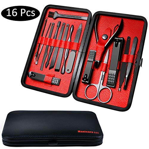 Fixget Set de Manicura, 16 Set Cortaúñas Conjunto Kit de Pedicura Profesional de Acero Inoxidable uñas Tijeras de Remover la Cutícula con Maletín de Viaje Portátil (16 Pcs Rojo)
