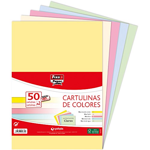Fixo Paper 00001493 – Paquete de cartulinas de colores A4 – Surtido de colores claros, 50 unidades, 180g