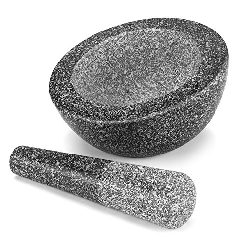 Flexzion Set de mortero y Maja de Piedra Granito, Tazón machacador y pilón para machacar Guacamole, Hierbas, Especias, ajo, píldoras medicinales y Granos, 6.4 Pulgadas 16 cm, Color Negro