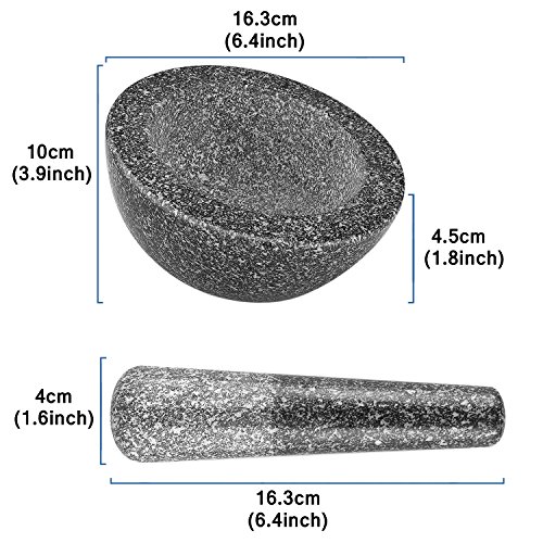 Flexzion Set de mortero y Maja de Piedra Granito, Tazón machacador y pilón para machacar Guacamole, Hierbas, Especias, ajo, píldoras medicinales y Granos, 6.4 Pulgadas 16 cm, Color Negro