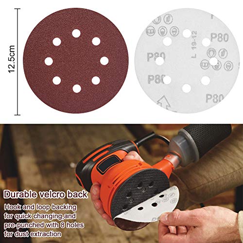 flintronic Disco de Lija, 80 Piezas Discos para Lijar ø 125 mm Grano Cada 15x40/60, 10x80/120/180/240/400, Discos de Pulir Velcro para Amoladorapara Lijadora orbital 8-Agujeros Velcro Papel De Lija