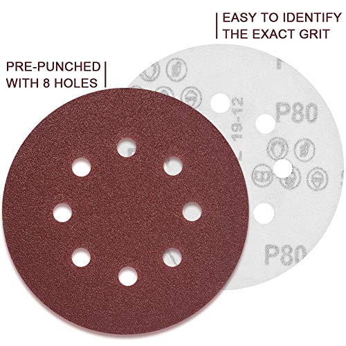 flintronic Disco de Lija, 80 Piezas Discos para Lijar ø 125 mm Grano Cada 15x40/60, 10x80/120/180/240/400, Discos de Pulir Velcro para Amoladorapara Lijadora orbital 8-Agujeros Velcro Papel De Lija