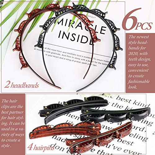 FLOFIA 6pcs Diademas con Pinzas Doble Capa Horquilla de Peinado de Doble Diademas con Clips Doble Bangs de Moda Diente Antideslizante Horquilla Trenza Hebilla Cabeza Tejida para mujer, Negro y Marrón