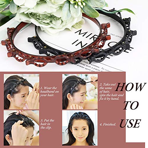 FLOFIA 6pcs Diademas con Pinzas Doble Capa Horquilla de Peinado de Doble Diademas con Clips Doble Bangs de Moda Diente Antideslizante Horquilla Trenza Hebilla Cabeza Tejida para mujer, Negro y Marrón