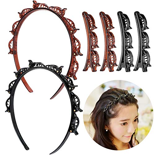 FLOFIA 6pcs Diademas con Pinzas Doble Capa Horquilla de Peinado de Doble Diademas con Clips Doble Bangs de Moda Diente Antideslizante Horquilla Trenza Hebilla Cabeza Tejida para mujer, Negro y Marrón