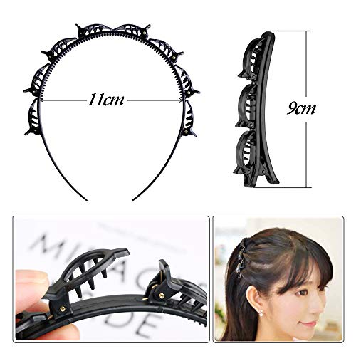 FLOFIA 6pcs Diademas con Pinzas Doble Capa Horquilla de Peinado de Doble Diademas con Clips Doble Bangs de Moda Diente Antideslizante Horquilla Trenza Hebilla Cabeza Tejida para mujer, Negro y Marrón