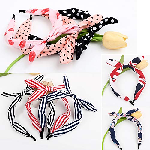 FLOFIA 8pcs Diademas para el Pelo Diadema Lazo Mujer con Alambre de Orejas de Conejo Diadema Vintage Retro con Nudo de Bowknot Lunares Rayas Flores Turbante Banda Cinta Pelo Cabello para Mujer Chica