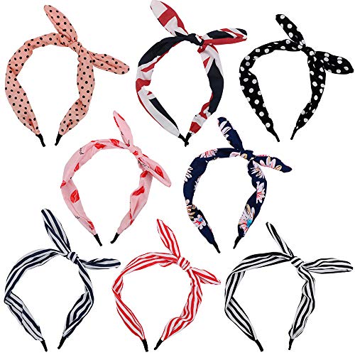 FLOFIA 8pcs Diademas para el Pelo Diadema Lazo Mujer con Alambre de Orejas de Conejo Diadema Vintage Retro con Nudo de Bowknot Lunares Rayas Flores Turbante Banda Cinta Pelo Cabello para Mujer Chica