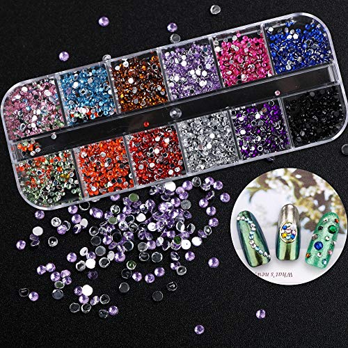 FLOFIA Juego 4 Cajas Decoración Adornos de Uñas Piedras 3D Pedrería Cristales de Uñas Diamantes Rhinestones Nail Glitter para Arte de Uñas Gel 48 Cajitas de Estilos Colores Mezclados