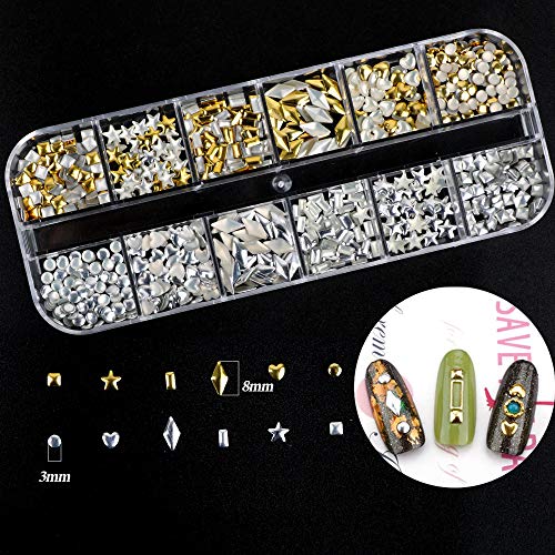 FLOFIA Juego 4 Cajas Decoración Adornos de Uñas Piedras 3D Pedrería Cristales de Uñas Diamantes Rhinestones Nail Glitter para Arte de Uñas Gel 48 Cajitas de Estilos Colores Mezclados