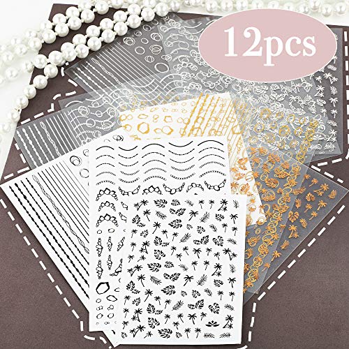 FLOFIA Pegatinas Uñas Líneas Geométricas Rayas Hojas Circulos Adhesivas Decorativas Dorado Oro y Plata Calcomanía Tatuaje Uñas Etiqueta Engomada Clavo Nail Art Stickers Gel Manicura DIY, 12 Estilos