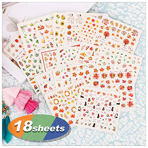 FLOFIA Pegatinas Uñas Otoño al Agua Decorativas Patron de Otoño Calcomanías Uñas Flores de Hoja de Arce de Moda Etiqueta Engomada Tatuaje Uñas Nail Art Stickers para Mujer Niñas Manicura DIY, 18 Hojas