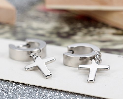 Flongo Pendientes de Mujer Hombre, Pendientes en Forma de Cruz de Estilo de Moda de Acero Inoxidable, Color Plateado Negro, Regalo Navidad San Valentín