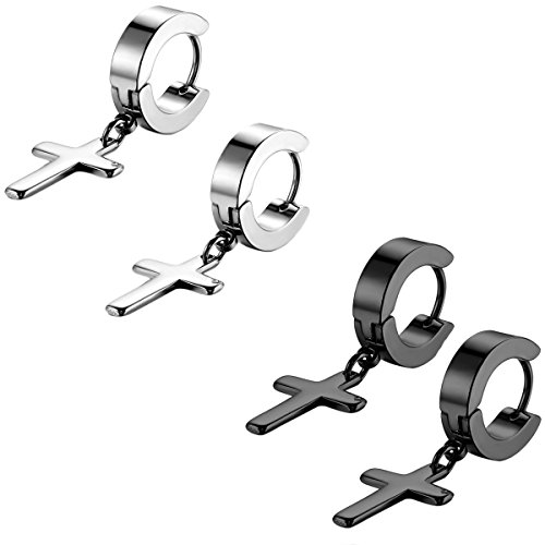 Flongo Pendientes de Mujer Hombre, Pendientes en Forma de Cruz de Estilo de Moda de Acero Inoxidable, Color Plateado Negro, Regalo Navidad San Valentín