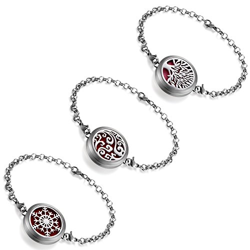 Flongo Pulsera de Acero Inoxidable para Mujer, Locket de Perfume Difusor Aromaterapia, Arbol de la Vida Hueco para Aceite Esencial, Retro Vintage Regalo de cumpleaños