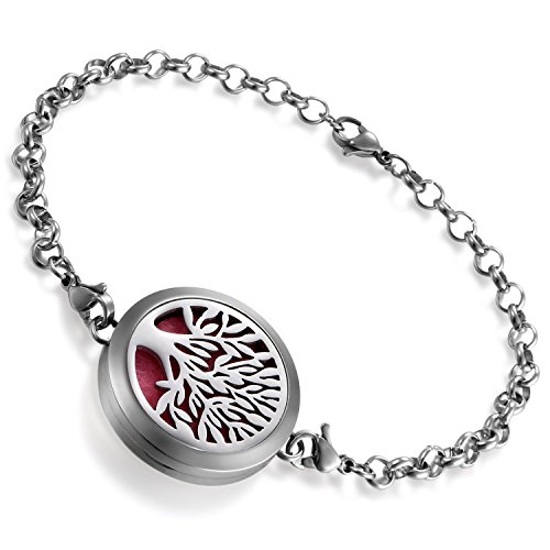 Flongo Pulsera de Acero Inoxidable para Mujer, Locket de Perfume Difusor Aromaterapia, Arbol de la Vida Hueco para Aceite Esencial, Retro Vintage Regalo de cumpleaños