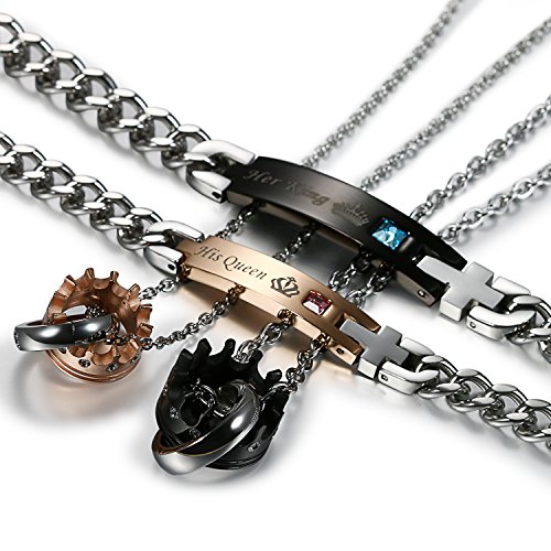 Flongo Pulseras para Parejas, His Queen y Her King, Acero Inoxidable Collares de Parejas Enamorados Coronas Colgantes, Original Regalo para San Valentín/Navidad