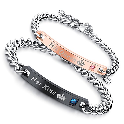 Flongo Pulseras para Parejas, His Queen y Her King, Acero Inoxidable Pulseras de Amor, Color Negro Oro Rosa, Los Enamorados Regalo para San Valentín/Navidad, Un par…