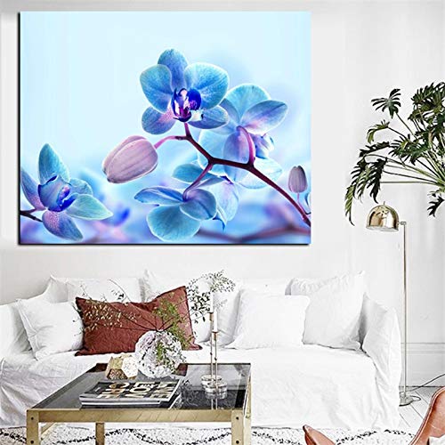 Flor de la orquídea azul pintura al óleo moderna impresión en lienzo HD cartel arte de la pared sala de estar sofá hogar sin marco pintura decorativa A25 60x90cm
