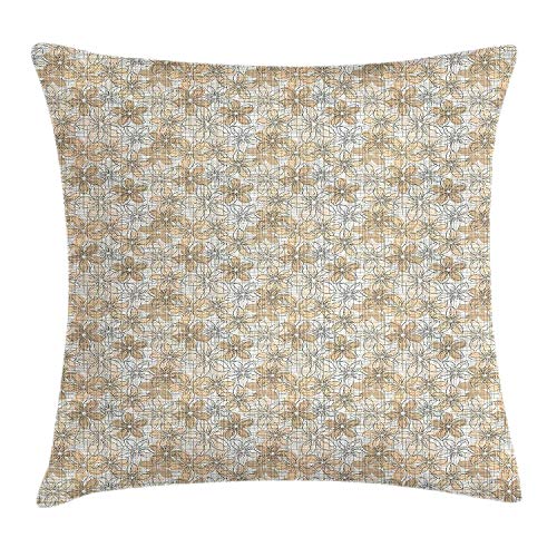 Floral Sketch Style Floral Background with Grid s Pattern Geometric Line Art Peach Tan Black Throw Pillow Cushion Cover, Decorative Square Accent Pillow Case, 18 X 18 inches