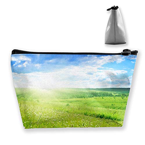 Flores Blancas y Campos de Hierba Verde Bolsa de Maquillaje Gran Almacenamiento Trapezoidal Bolsa de Viaje Lavado Bolsa cosmética Porta lápices Cremallera