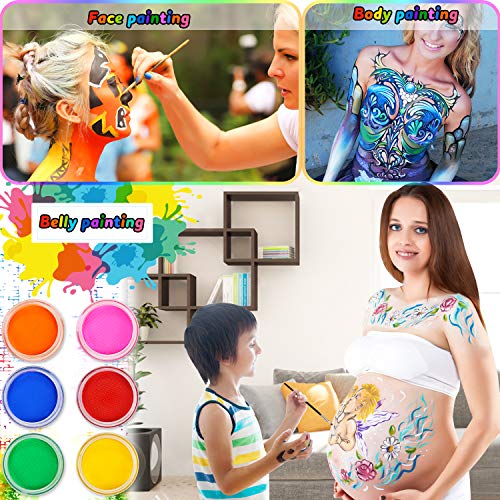 Flyfun Pinturas Cara para Niños, 12 Colores Pintura Facial Lavable (Incluye 2 Paleta de Tortas Arcoíris) + 3 Pinceles Seguro y No Tóxico para Halloween/Fiestas/Semana Santa/Cosplay/Fiestas Temáticas