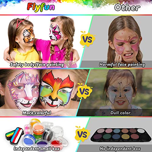 Flyfun Pinturas Cara para Niños, 12 Colores Pintura Facial Lavable (Incluye 2 Paleta de Tortas Arcoíris) + 3 Pinceles Seguro y No Tóxico para Halloween/Fiestas/Semana Santa/Cosplay/Fiestas Temáticas