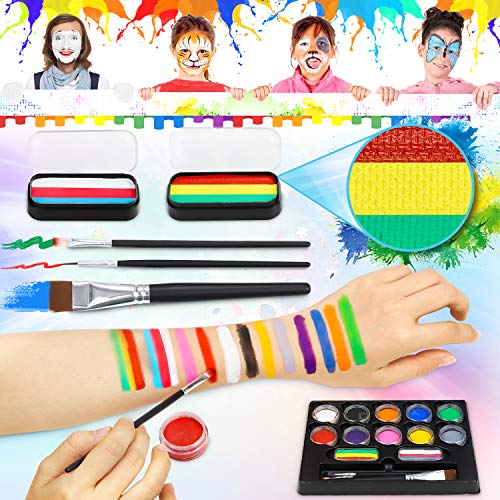 Flyfun Pinturas Cara para Niños, 12 Colores Pintura Facial Lavable (Incluye 2 Paleta de Tortas Arcoíris) + 3 Pinceles Seguro y No Tóxico para Halloween/Fiestas/Semana Santa/Cosplay/Fiestas Temáticas