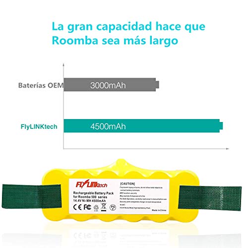 FLYLINKTECH 14.4V 4500mAh Ni-MH Aspiradoras de Repuesto Batería para iRobot Roomba 500 600 700 800 Series 530 531 532 535 536 540 550 552 560 570 580 595 620 650 660 760 770 780 790 870 980